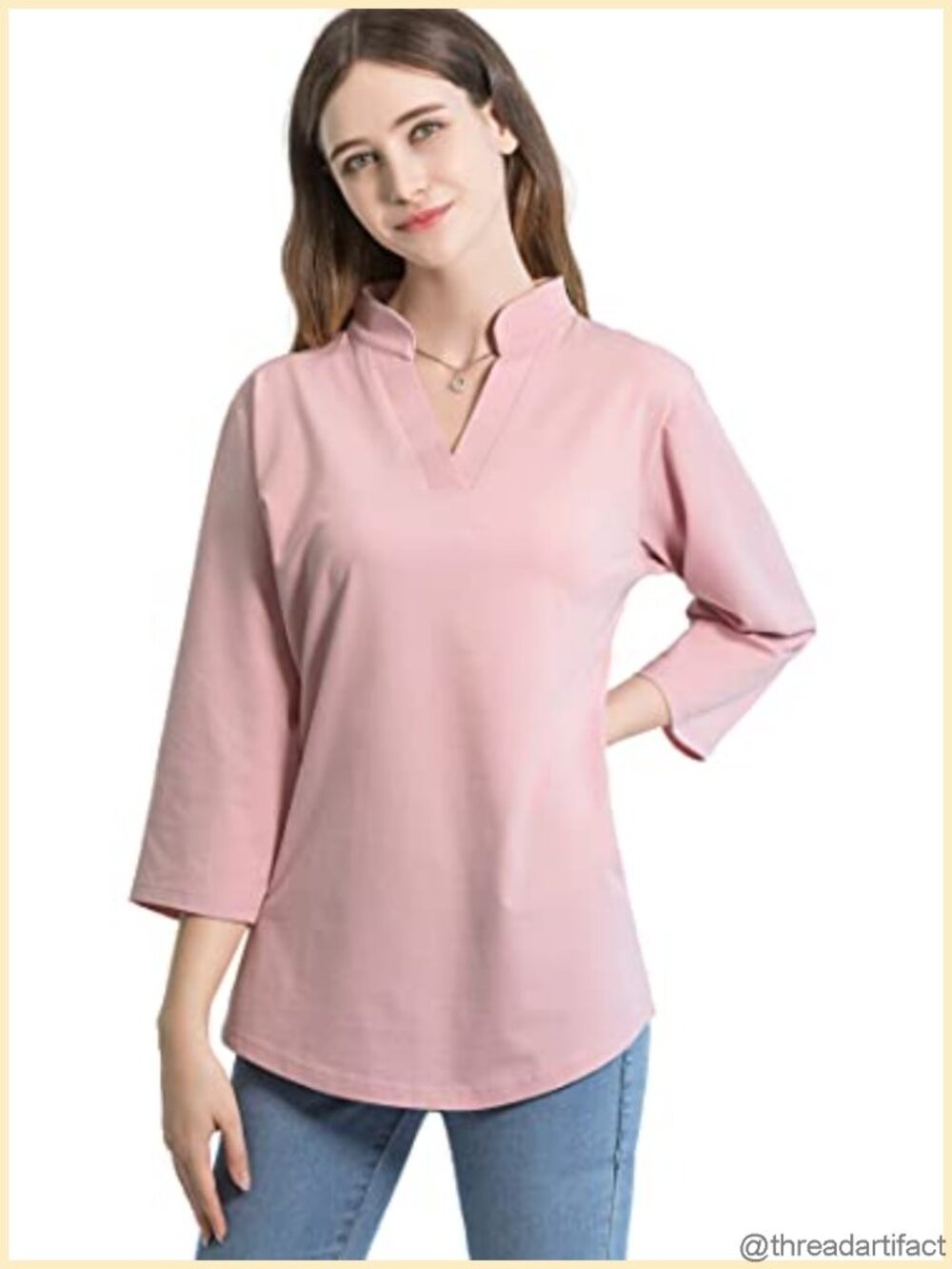 Women's 3/4 Sleeve V Neck Cotton Tunic Top Loose Fit Henley Work Blouse